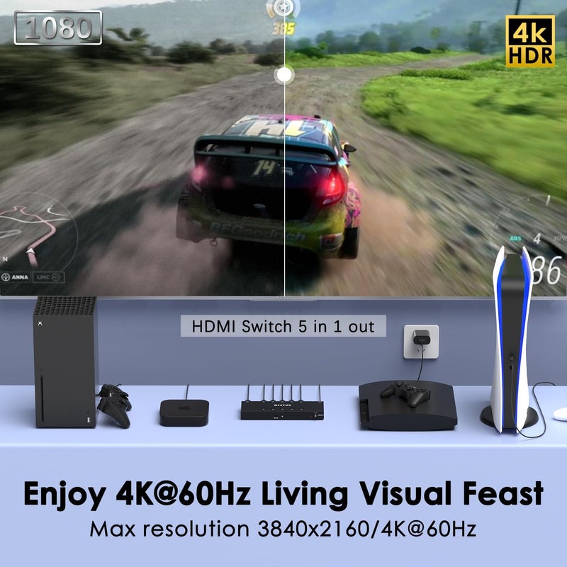OseTub 4K@60Hz 5 in 1 Out HDMI Switch, 5 Port HDMI Switcher Selector Support HDR10 & HDCP 2.2 & Full 3D with IR Remote Control Compitable with Nintendo Switch,Xbox PS5/4,Fire Stick,Roku,Apple TV for Gaming - Image 5